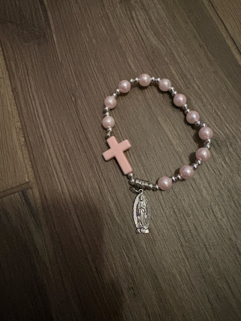 Pink Beaded Cross Bracelet with Virgin Mary Charm - Women Jewelry